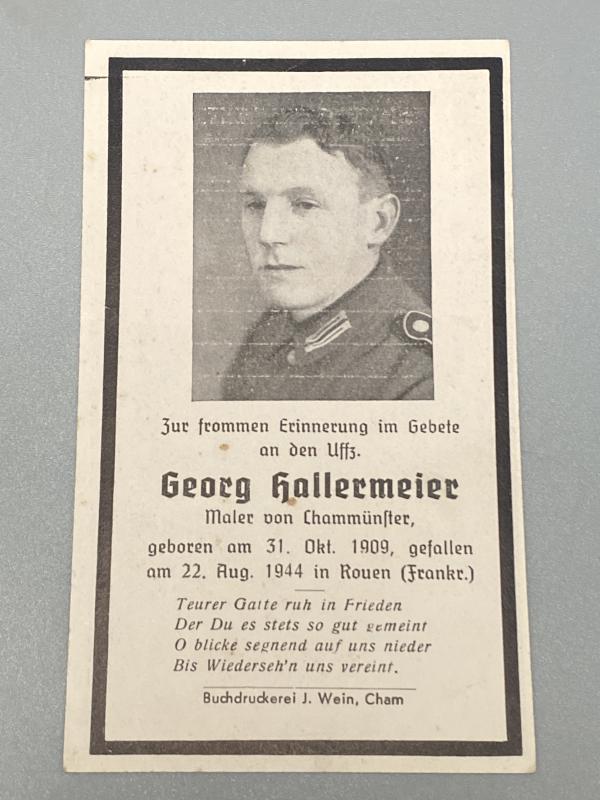 Death Card Unteroffizier Georg Hallermeier KIA Rouen August 1944
