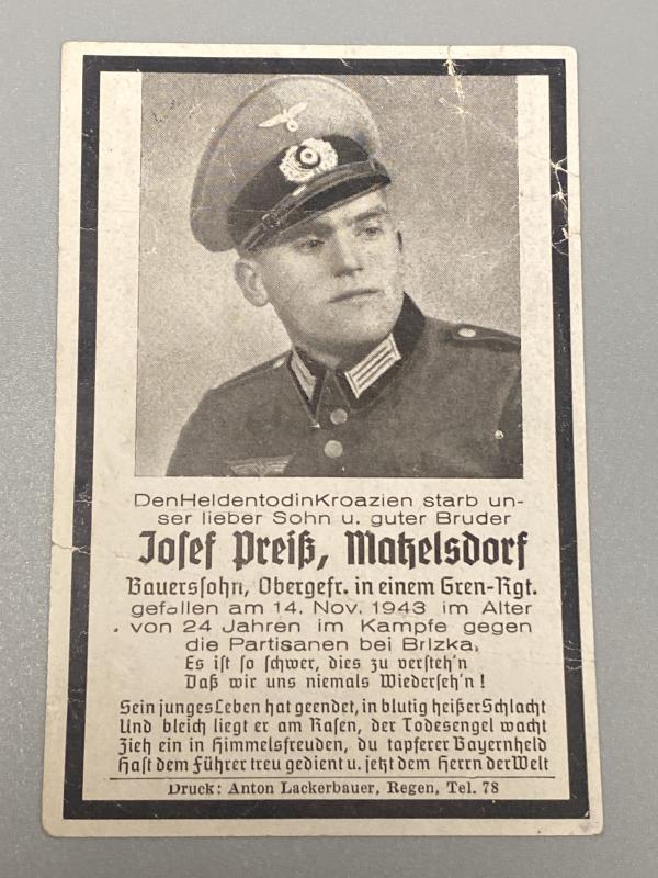Death Card Obergefreiter Josef Preiss KIA By Partisans Brlzka 1943
