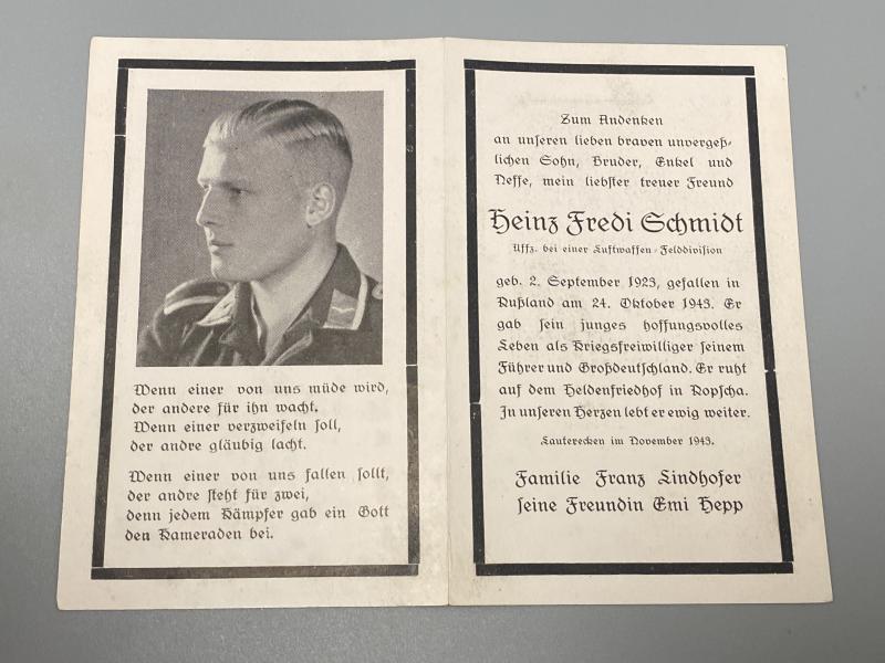 Death Card Unteroffizier Heinz Schmidt Feld Div. HG KIA October 1943 Russia