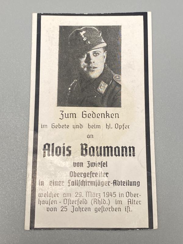 Death Card Fallshrimjäger Obergefreiter Alois Baumann KIA March 1945 Osterfeld, Rhineland