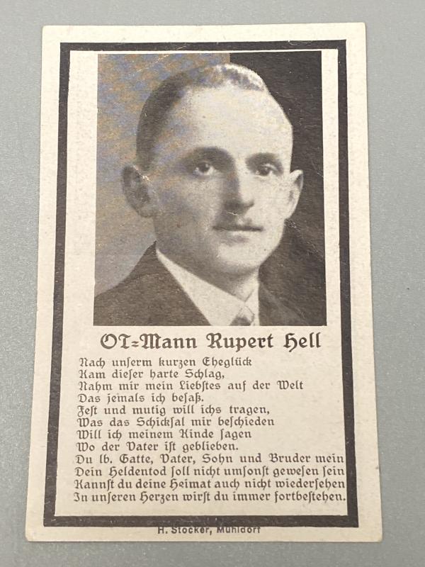 Death Card OT-Mann Rupert Hell KIA February 1944, Eastern Front
