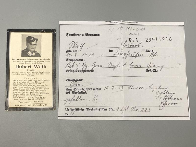 Death Card Grenadier Hubert Weth Hermann Göring Division KIA July 1943