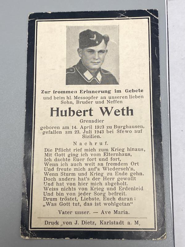 Death Card Grenadier Hubert Weth Hermann Göring Division KIA July 1943
