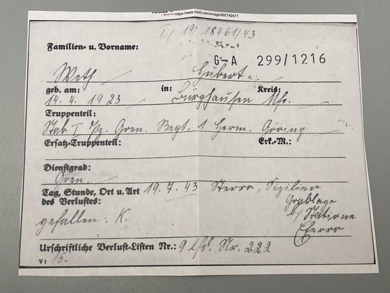 Death Card Grenadier Hubert Weth Hermann Göring Division KIA July 1943