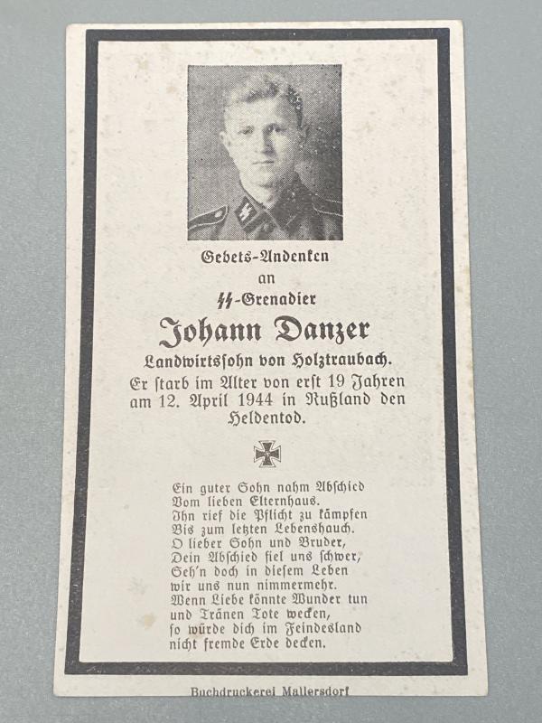 Death Card Waffen SS Grenadier Johann Danzer KIA April 1944 Russia