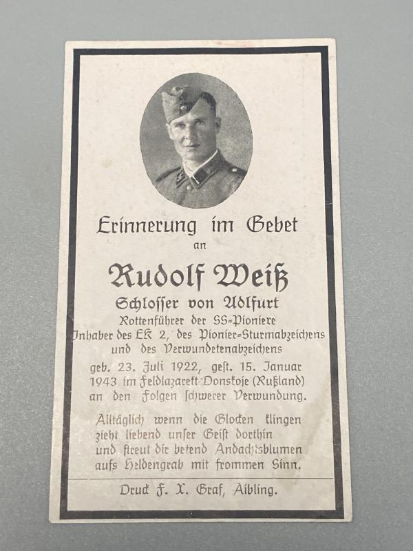 Death Card Waffen SS Rottenführer of Pioneer Regiment Rudolf Weiss KIA Russia 1943