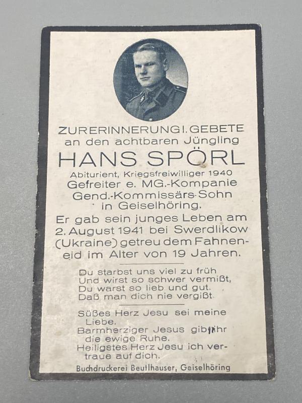 Death Card Waffen SS Gefreiter MG Kompanie Hans Spörl KIA Swerdlikow Ukraine 1941