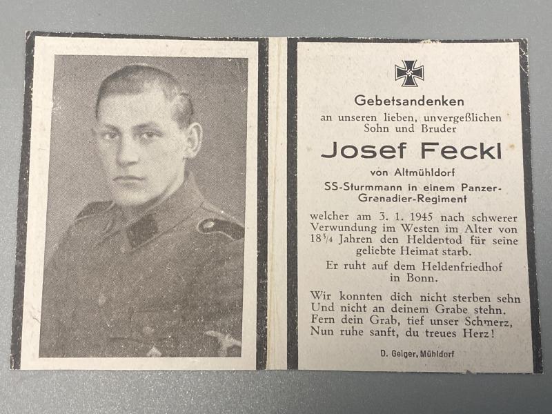 Death Card Waffen SS Sturmmann Josef Feckl Pz Gren Regt KIA Western Front January 1945