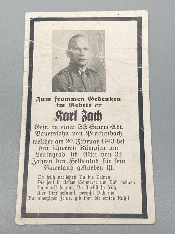 Death Card Waffen SS Gefreiter Karl Zach KIA Leningrad February 1943