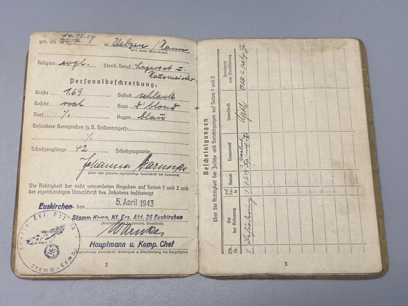 German Army Soldbuch Gefreiter Johannes Warnecke Stamm.Kp.KF.Ers.Abt.26.