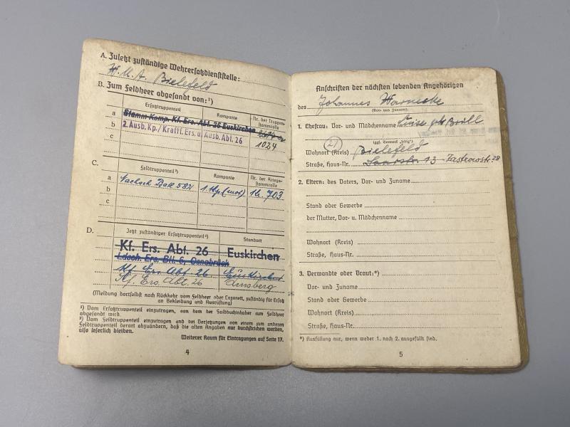 German Army Soldbuch Gefreiter Johannes Warnecke Stamm.Kp.KF.Ers.Abt.26.