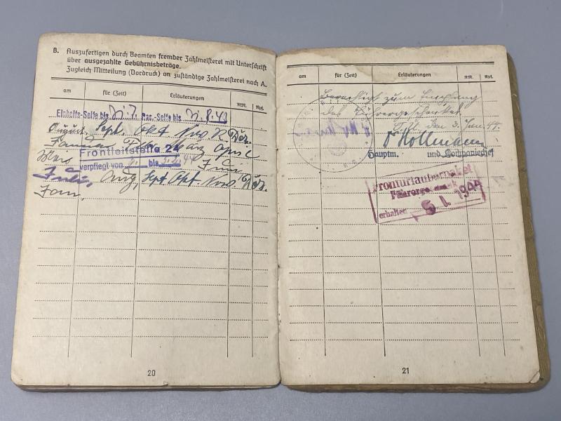 German Army Soldbuch Gefreiter Johannes Warnecke Stamm.Kp.KF.Ers.Abt.26.