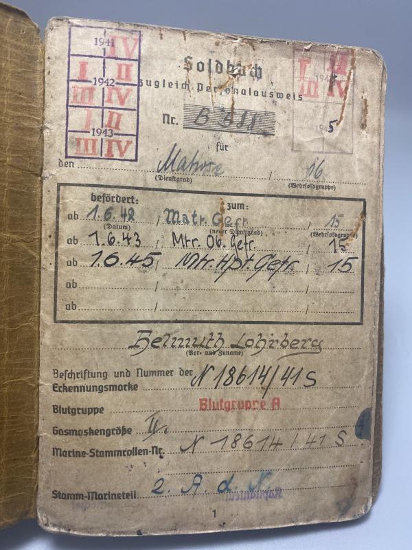 German Kriegsmarine Soldbuch & Dog Tag Matrosenhauptgefreiter Helmut Lohrberg