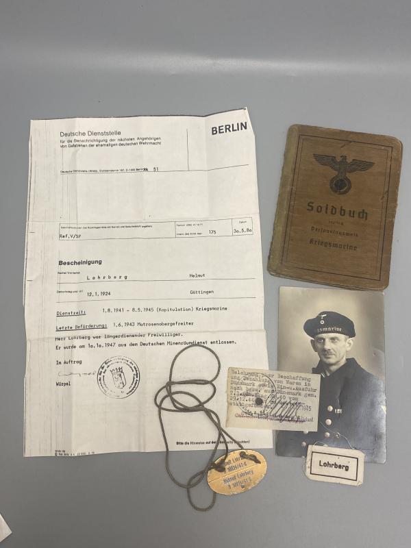 German Kriegsmarine Soldbuch & Dog Tag Matrosenhauptgefreiter Helmut Lohrberg