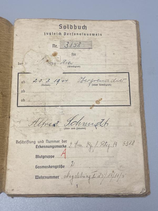 German Army Soldbuch Obergefreiter Alfred Schmidt Western Front 1944-45
