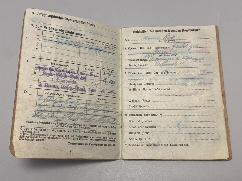 German Army Soldbuch Gefreiter Joachim Birk Landschutz Ers.Batl.5