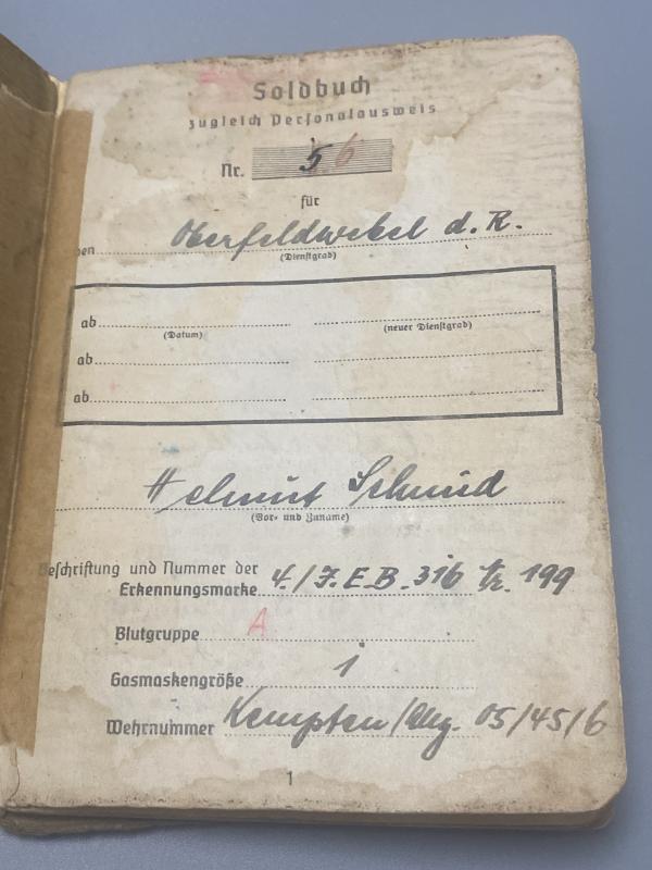 German Army Soldbuch Oberfeldwebel Helmut Schmidt Wound Badge in GOLD!