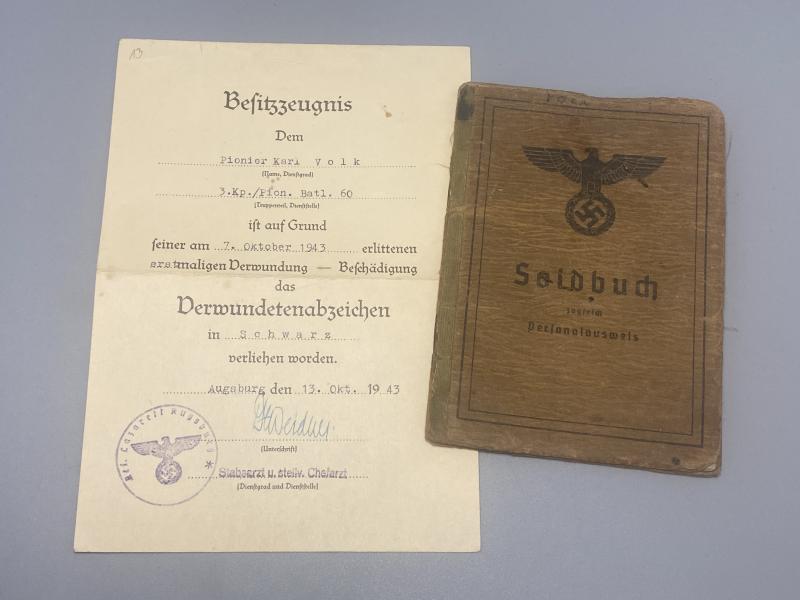 German Army Soldbuch Gefreiter Karl Volk Pioneer.Btl.60