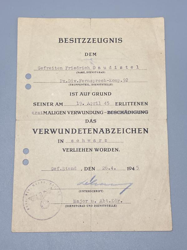 Wound Badge Citation April 1945 Gefr. Daudistel Pz.Div.Fernsprech-Komp.92