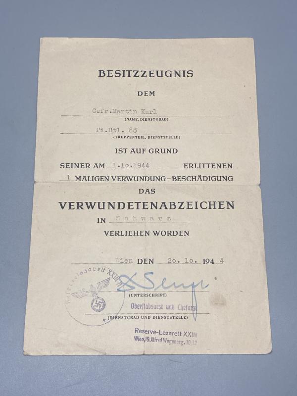 German Award Citation Wound Badge in Black Gefr. Martin Karl Pi.Btl.88