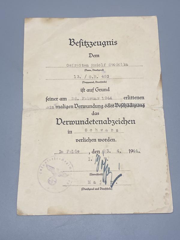 German Award Citation Wound Badge in Black Gefr. Rudolf Stodolka Grenadier Regt 453