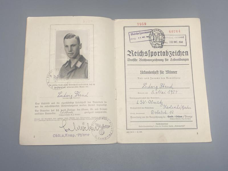 Reich DRL Sports Badge Certificate Book Luftwaffe Ludwig Stauch