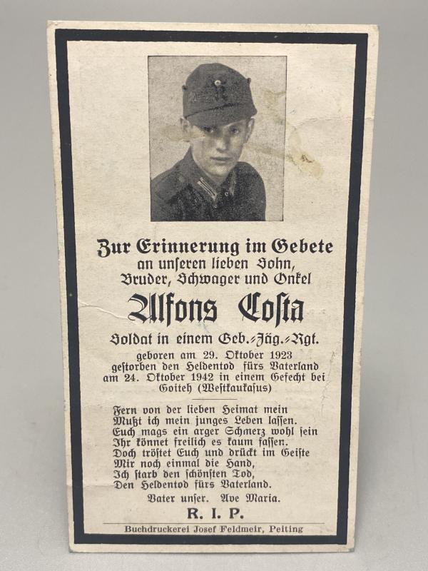 German Army Death Card Alfons Holta GJ Regiment West Caucasas 1942