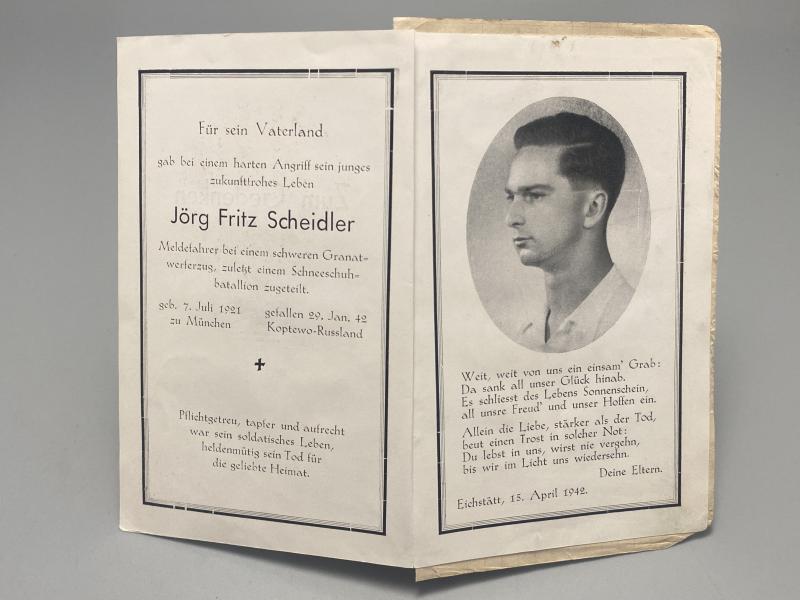 German Army Death Card Jörg Fritz Scheidler Mortar Crewman Koptewo Russia 1942