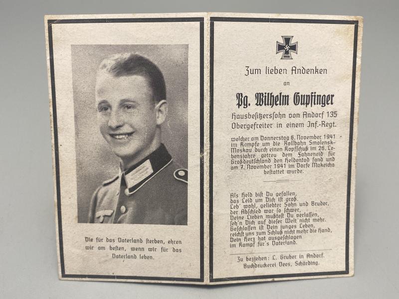 German Army Death Card Wilhelm Gupfinger Infantryman Smolensk 1941