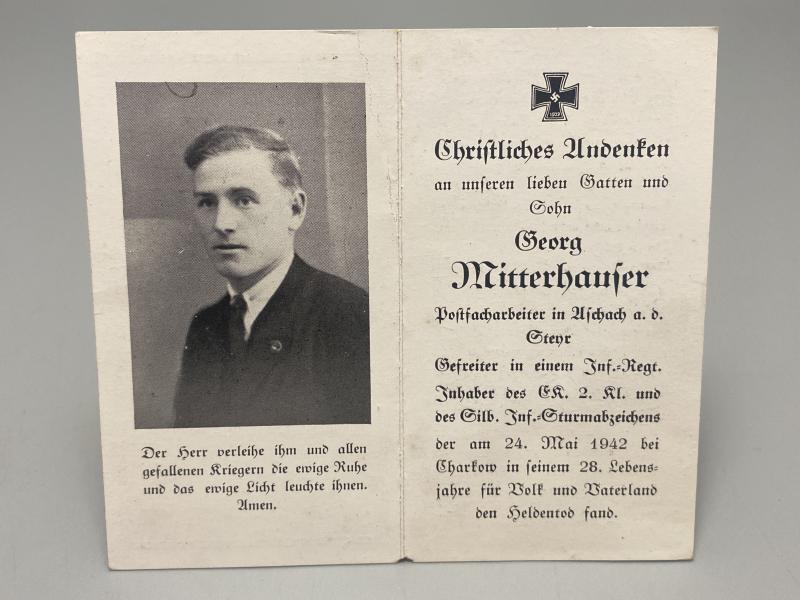 German Army Death Card Georg Mitterhauser Infantryman Charkow 1942