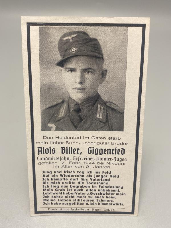German Army Death Card Alois Biller Pioneer Former DAK Nikopol 1944