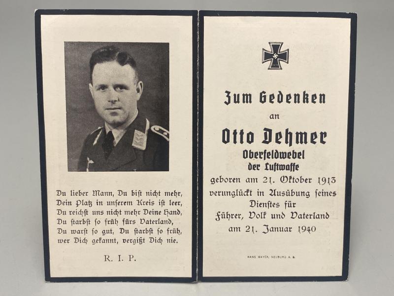 German Airforce Death Card Otto Dehmer Oberfeldwebel Died in an Accident January 1940