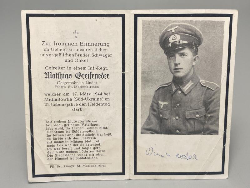 German Army Death Card Matthias Greifeneder Infantryman Michailowka Ukraine 1944