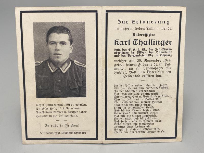 German Army Death Card Karl Thallinger Infantryman Dalmatia 1944