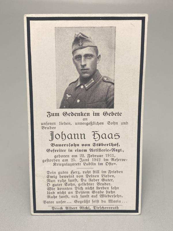 German Army Death Card Johann Haas Artillery Crewman Russia 1942