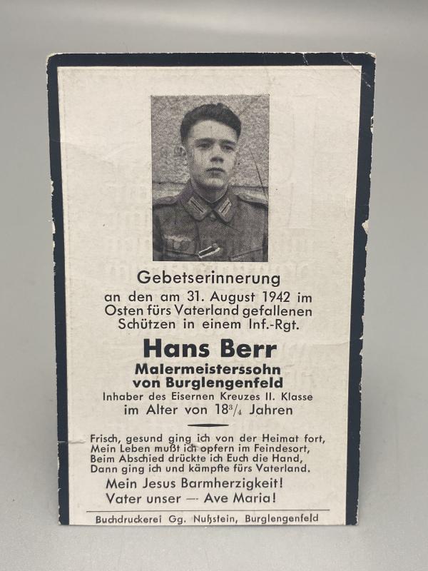 German Army Death Card Hans Berr Infantryman Russia 1942