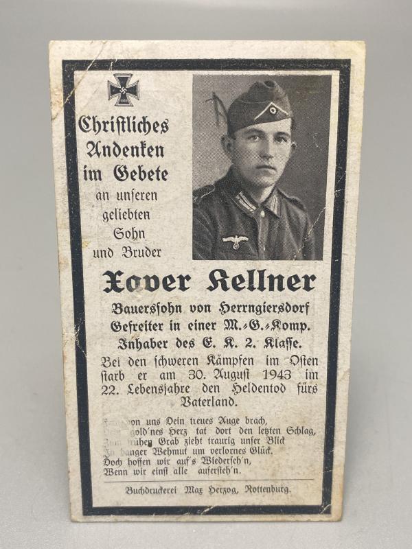 German Army Death Card Xaver Kellner MG Company Eastern Front 1943