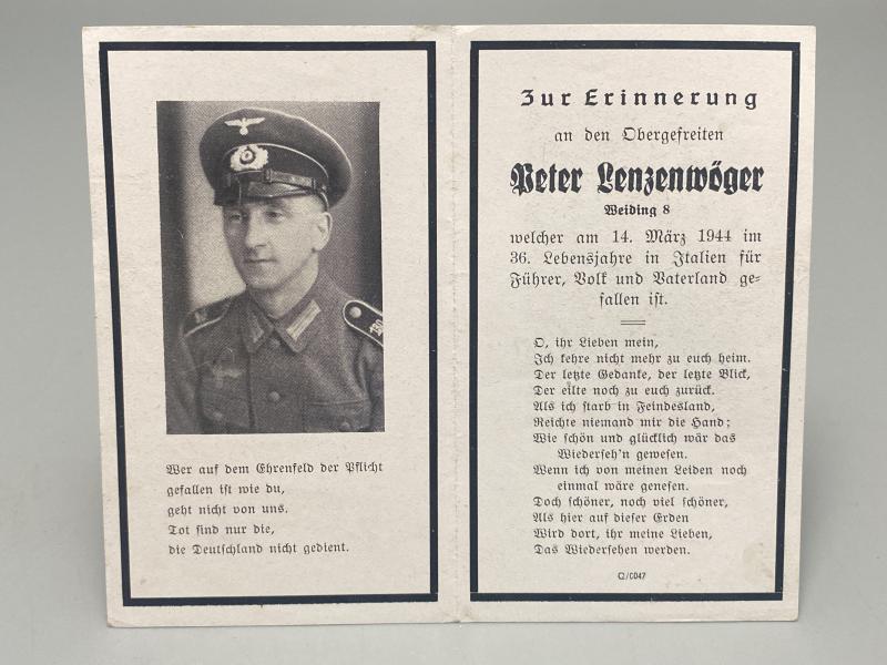 German Army Death Card Peter Lenzenwöger Died in Italy March 1944