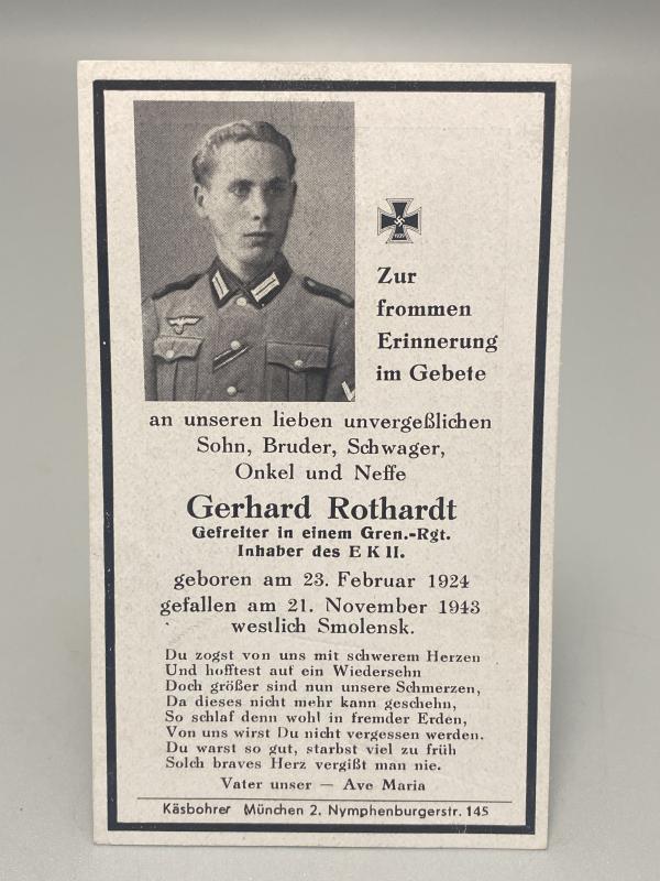 German Army Death Card Gerhard Rothardt Grenadier Regiment Smolensk 1943