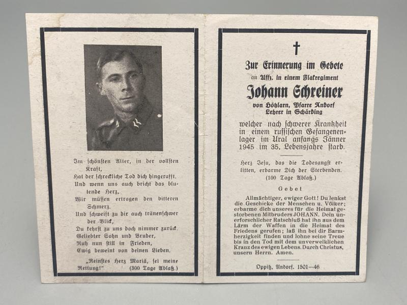 German Airforce Death Card Johann Schreiner Flakregiment Ural Ukraine 1945
