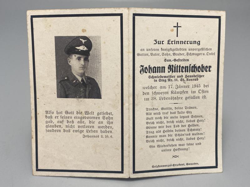 German Airforce Death Card Johann Rittenschlober Medic Eastern Front 1945