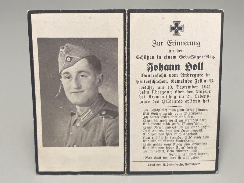 German Army Death Card Johann Holl Gebirgsjager Regiment Dniepr 1941