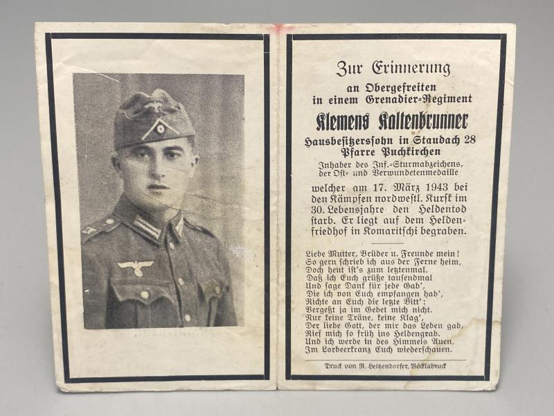 German Army Death Card Klemens Kaltenbrunner Grenadier Kursk 1943