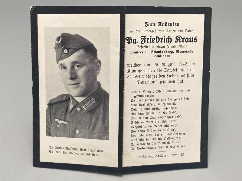 German Army Death Card Friedrich Kraus Pioneer Russia 1942