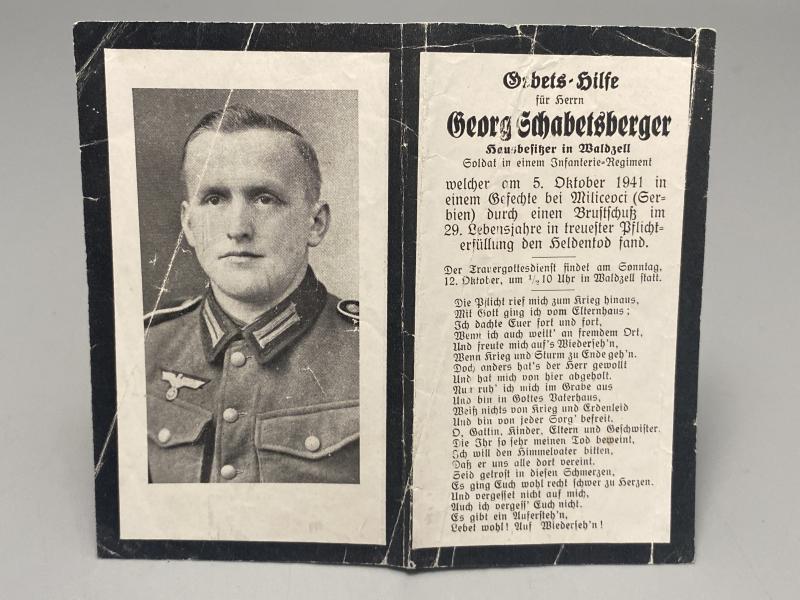 German Army Death Card Georg Schabetsberger Infantryman Milicevci Serbia 1941