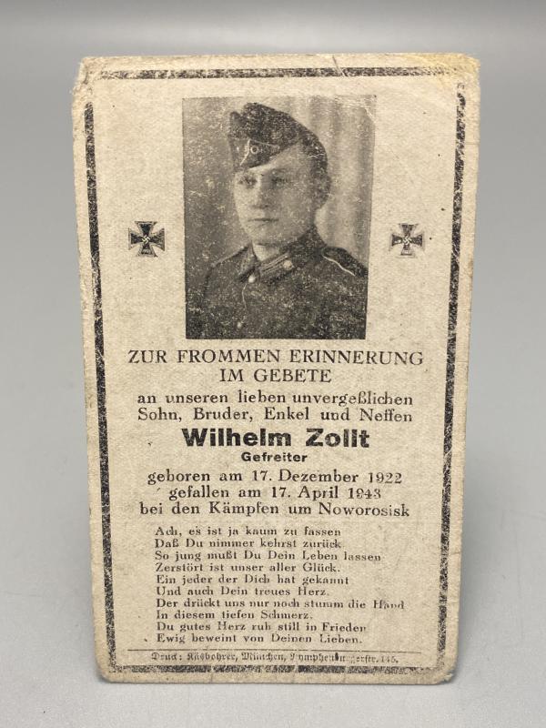 German Army Death Card Wilhelm Zollt Gefreiter Noworosisk 1943