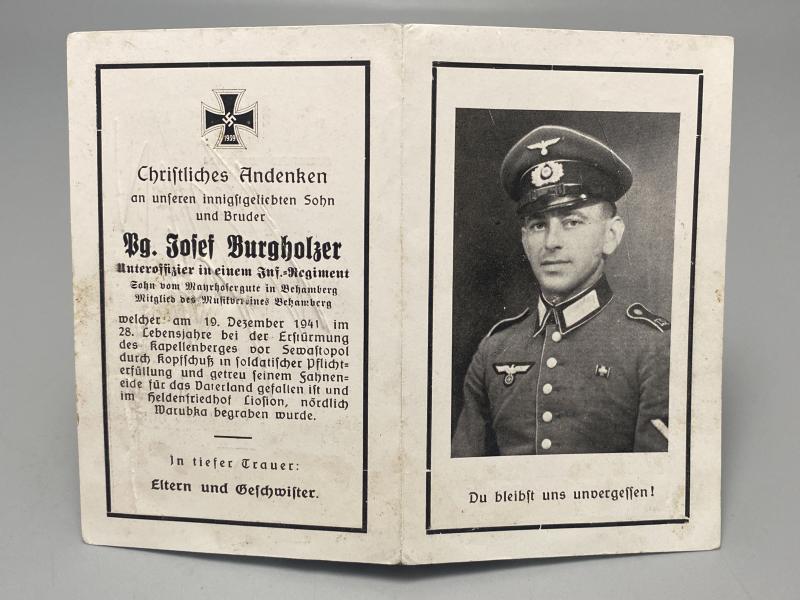 German Army Death Card Josef Burgholzer Infantryman Sevastopol Russia 1941
