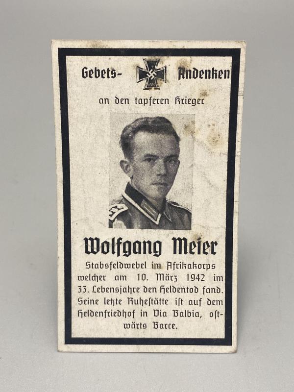 German Army Death Card Wolfgang Meier Stabsfeldwebel Afrikakorps March 1942