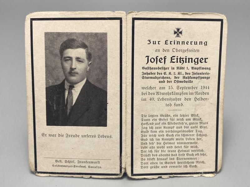 German Army Death Card Josef Eitzinger ISA,EK2,Ost Medal & Close Combat Clasp Died 1944