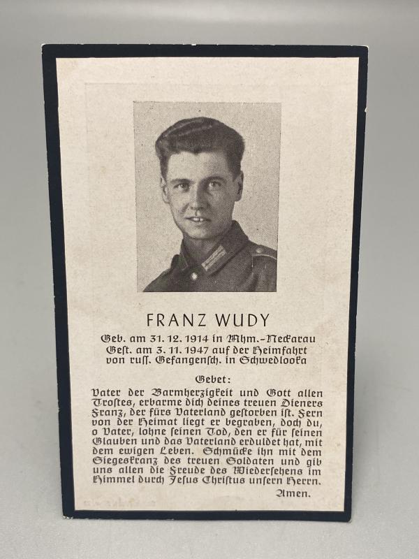 German Army Death Card Franz Wudy Died in Soviet Captivity 1947